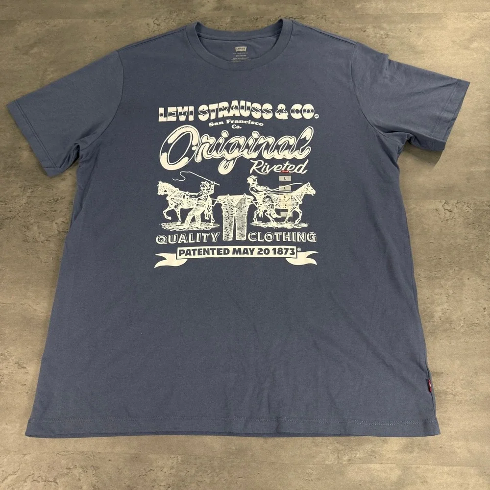 Levis Graphic T-Shirt Mens Large Blue Original Riveted Two Horse Logo‎ Tee